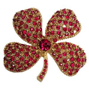 Signed ART Arthur Pepper Gold-Tone RES Pink Rhinestone Clover Leaf Brooch